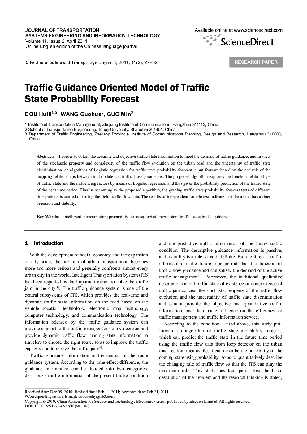 Traffic Guidance Oriented Model of Traffic State Probability Forecast