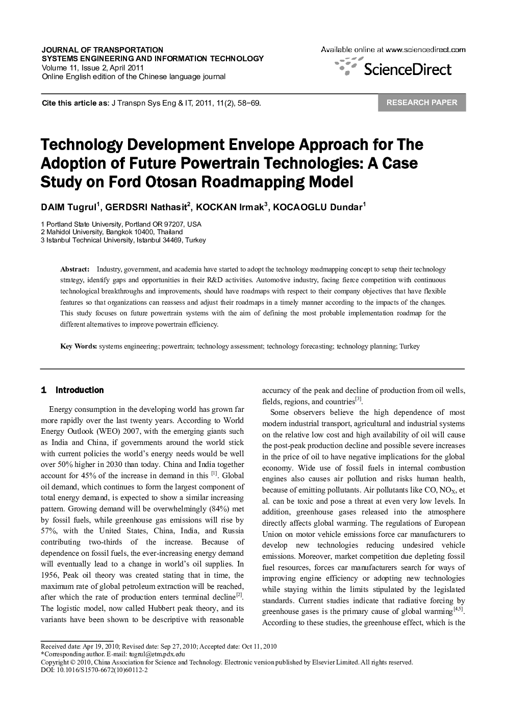 Technology Development Envelope Approach for The Adoption of Future Powertrain Technologies: A Case Study on Ford Otosan Roadmapping Model