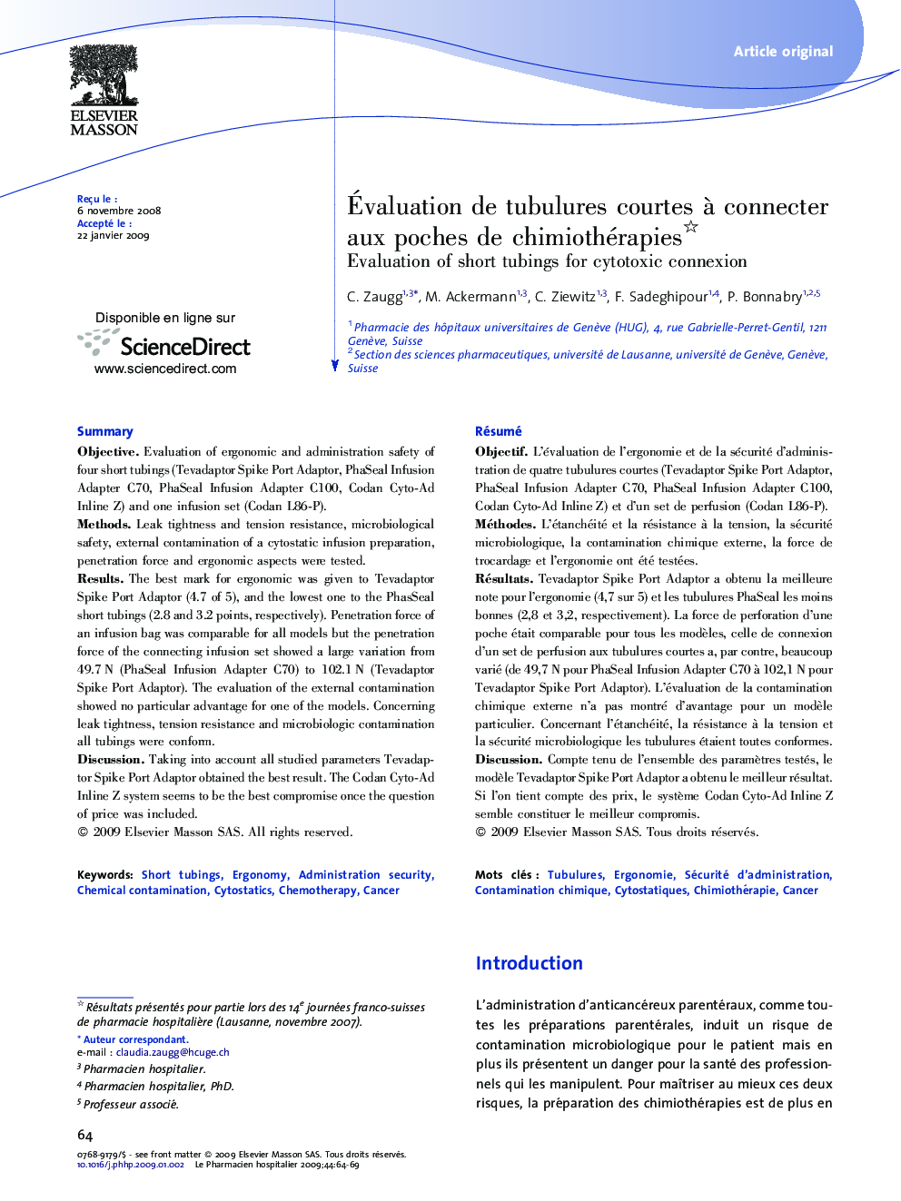 Ãvaluation de tubulures courtes Ã  connecter aux poches de chimiothérapies