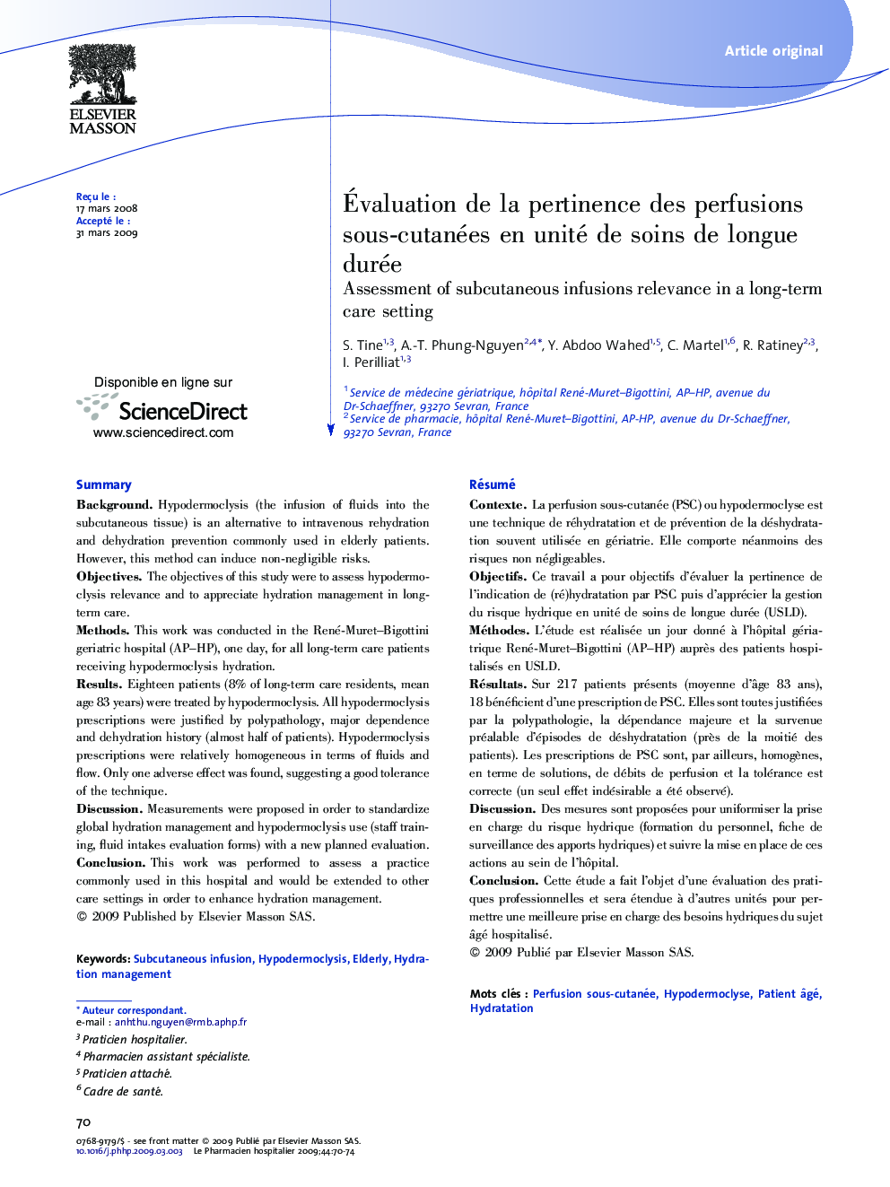 Ãvaluation de la pertinence des perfusions sous-cutanées en unité de soins de longue durée