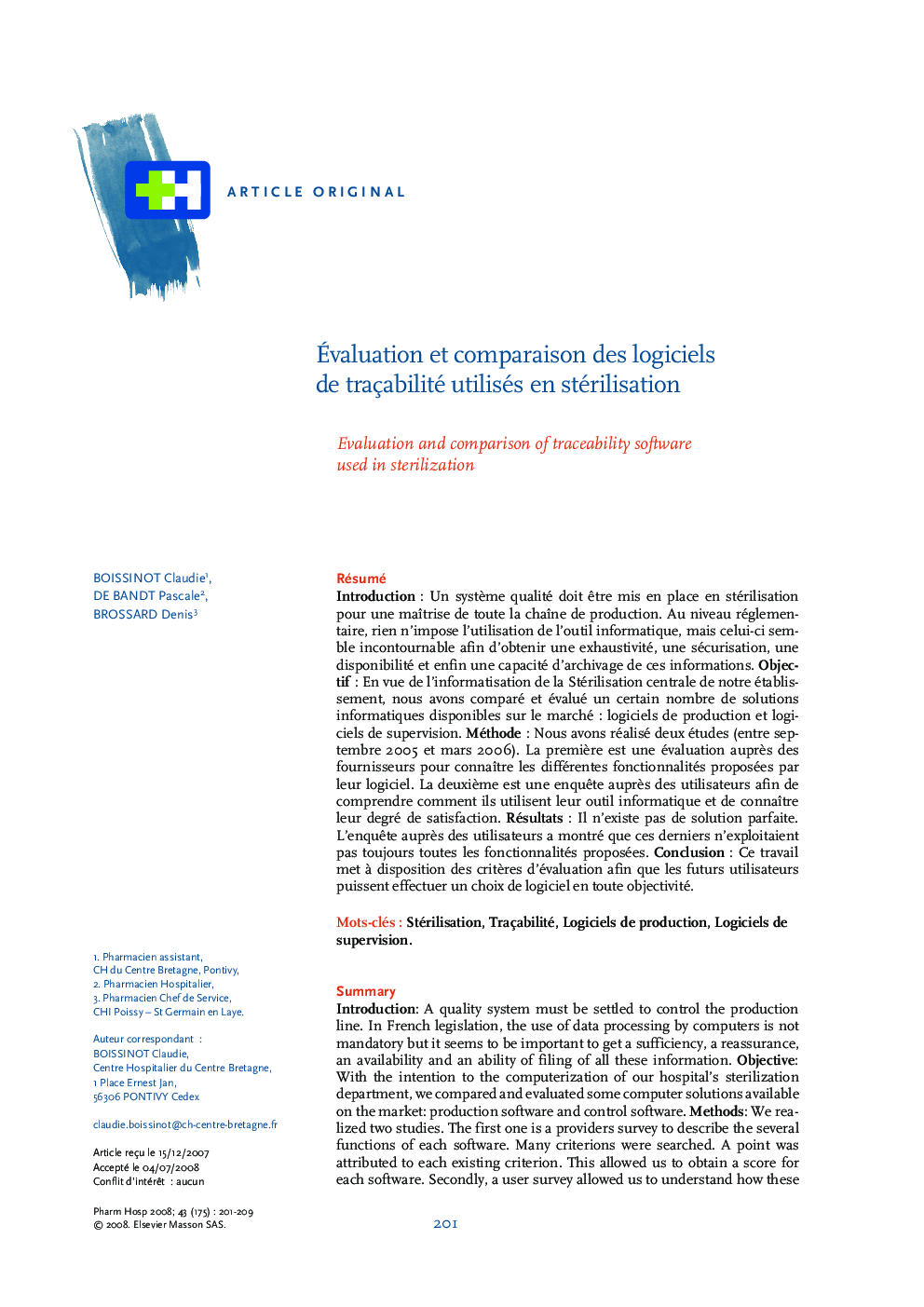 Ãvaluation et comparaison des logiciels de traçabilité utilisés en stérilisation