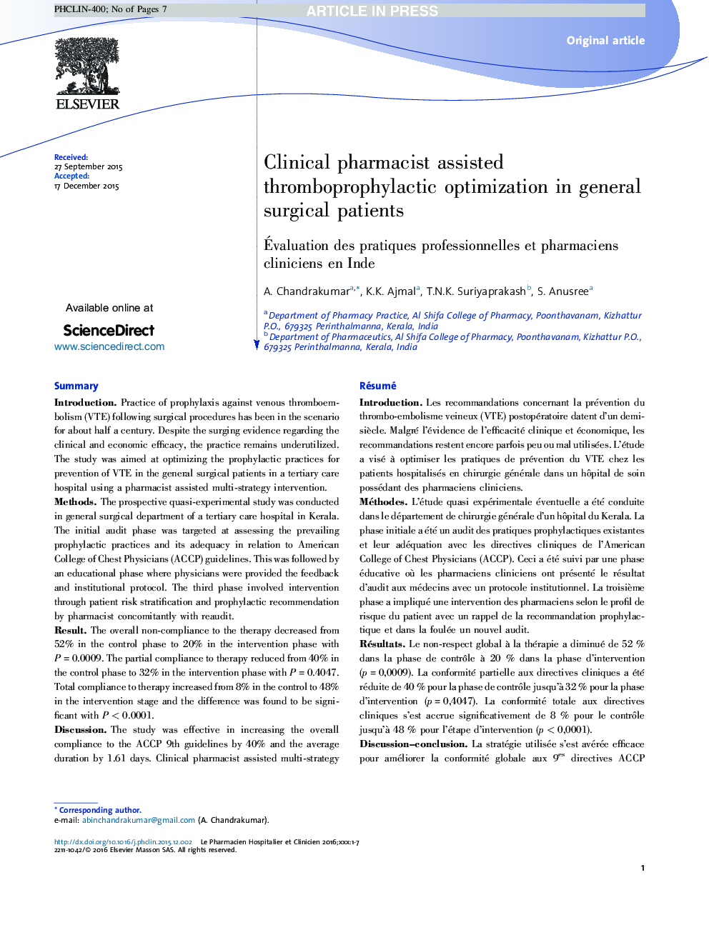 Clinical pharmacist assisted thromboprophylactic optimization in general surgical patients