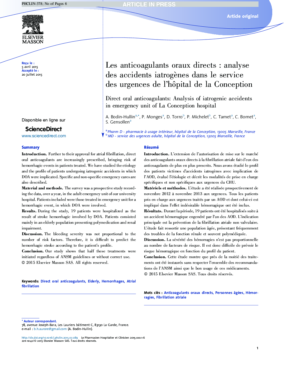 Les anticoagulants oraux directsÂ : analyse des accidents iatrogÃ¨nes dans le service des urgences de l'hÃ´pital de la Conception