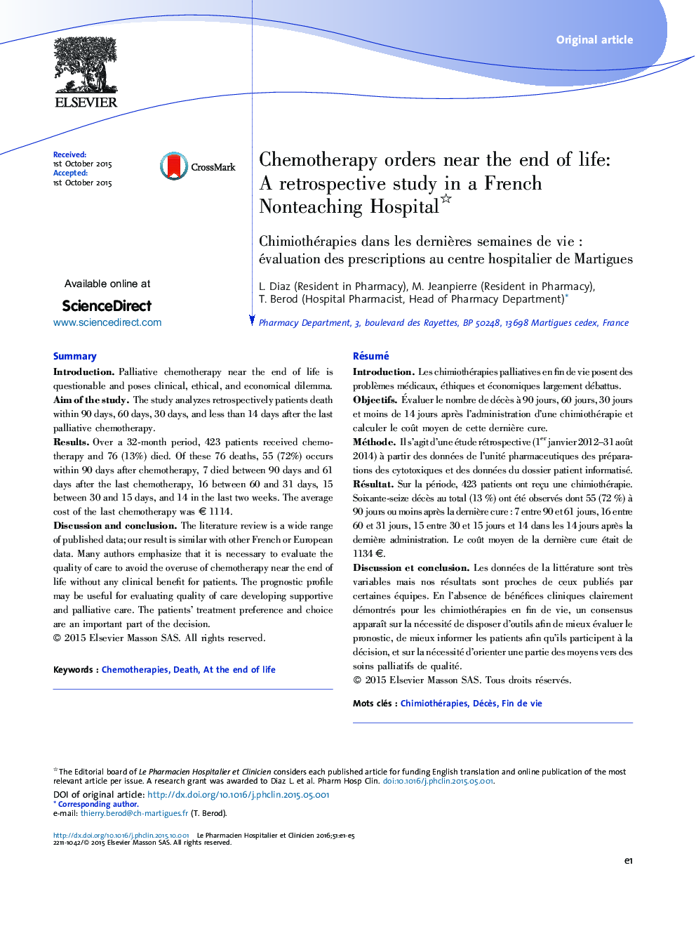 Chemotherapy orders near the end of life: A retrospective study in a French Nonteaching Hospital