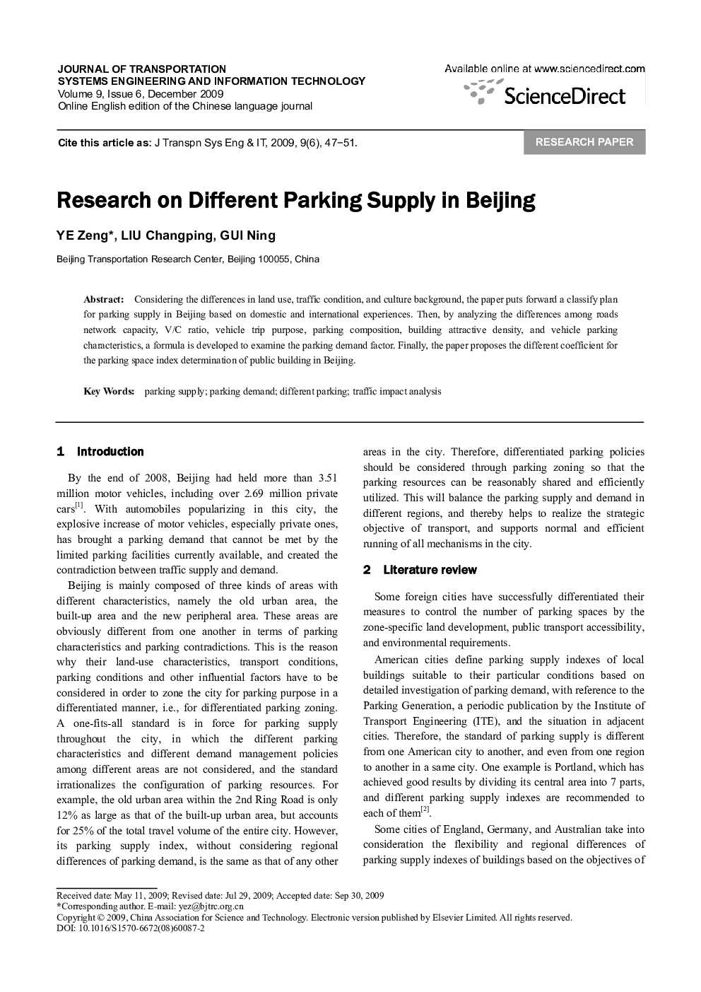 Research on Different Parking Supply in Beijing