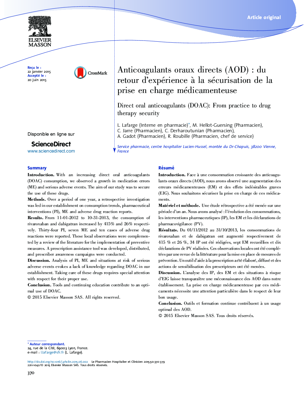 Anticoagulants oraux directs (AOD)Â : du retour d'expérience Ã  la sécurisation de la prise en charge médicamenteuse