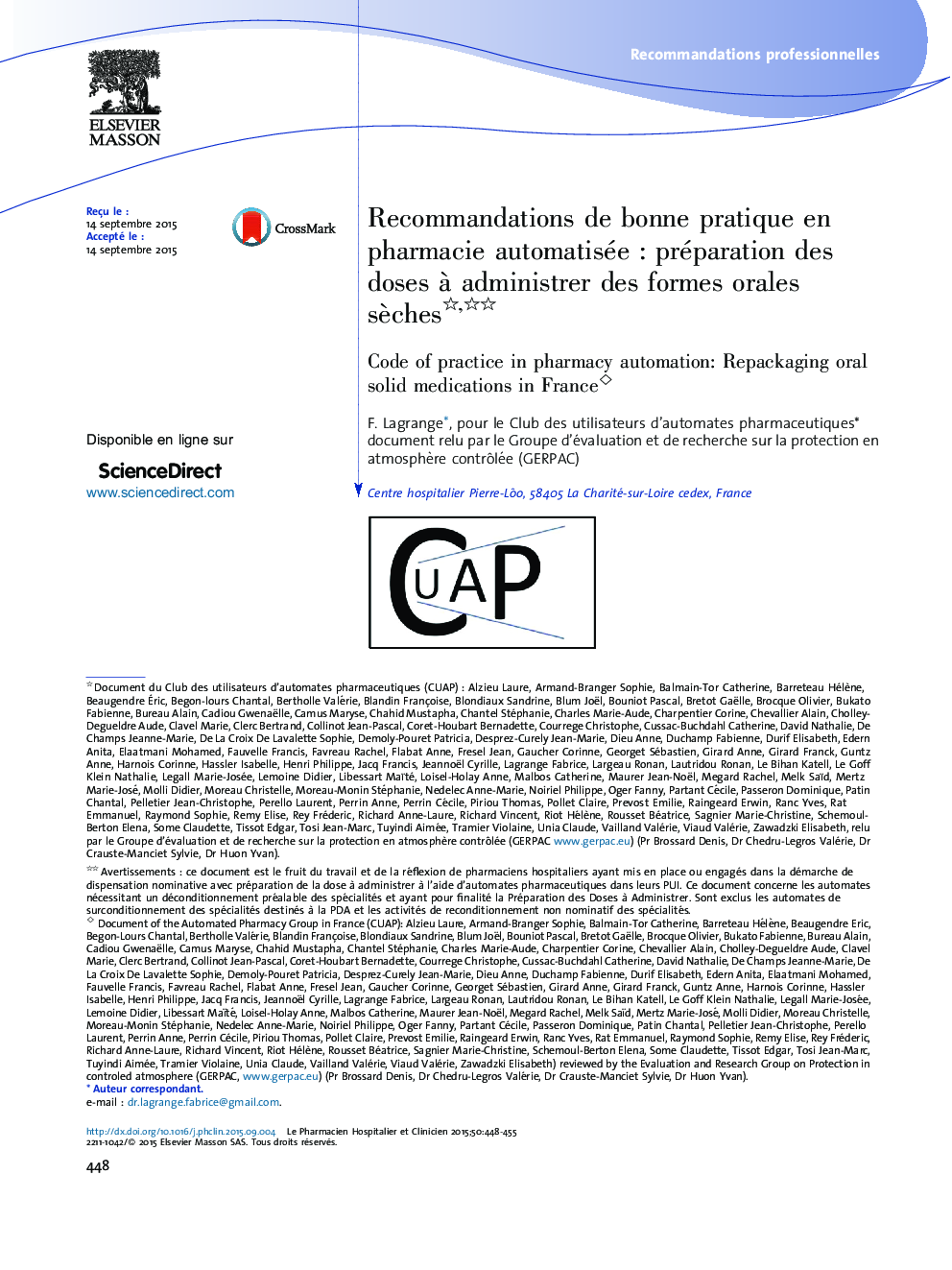 Recommandations de bonne pratique en pharmacie automatiséeÂ : préparation des doses Ã  administrer des formes orales sÃ¨ches