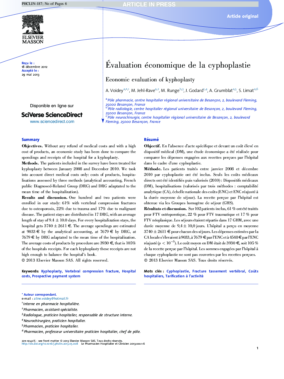 Ãvaluation économique de la cyphoplastie