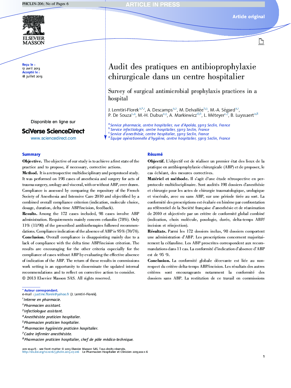 Audit des pratiques en antibioprophylaxie chirurgicale dans un centre hospitalier