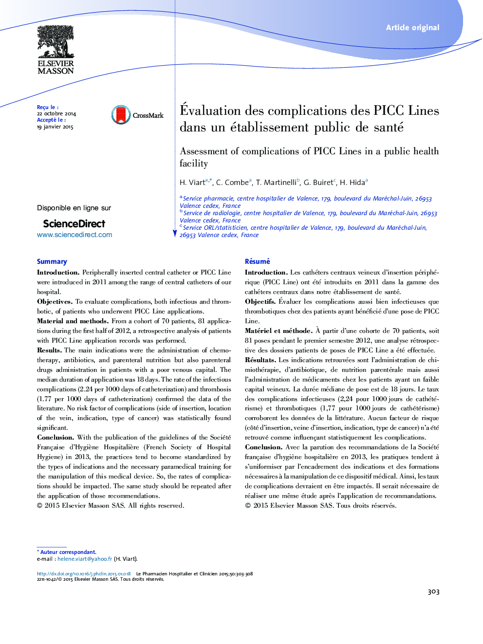 Ãvaluation des complications des PICC Lines dans un établissement public de santé