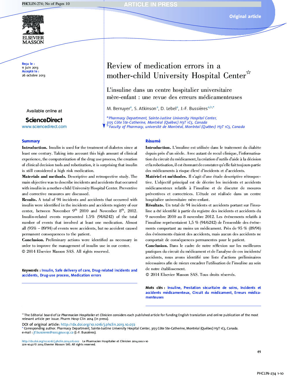 Review of medication errors in a mother-child University Hospital Center