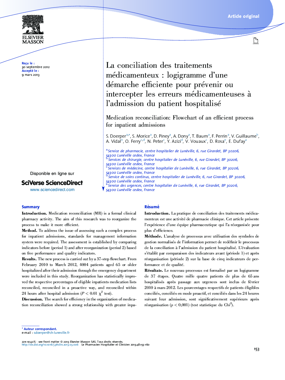 La conciliation des traitements médicamenteuxÂ : logigramme d'une démarche efficiente pour prévenir ou intercepter les erreurs médicamenteuses Ã  l'admission du patient hospitalisé