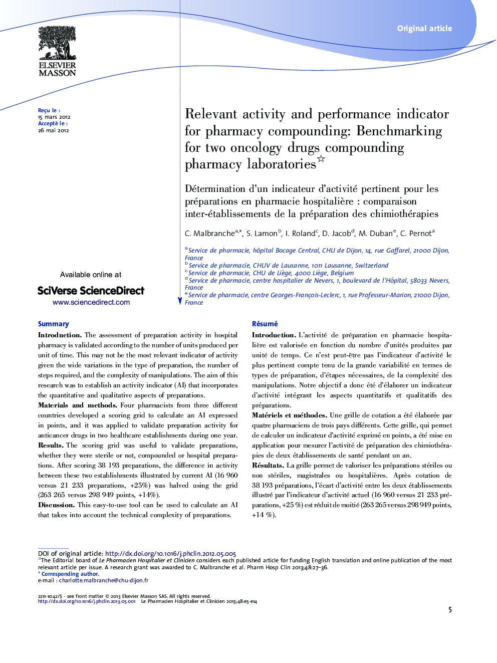 Relevant activity and performance indicator for pharmacy compounding: Benchmarking for two oncology drugs compounding pharmacy laboratories