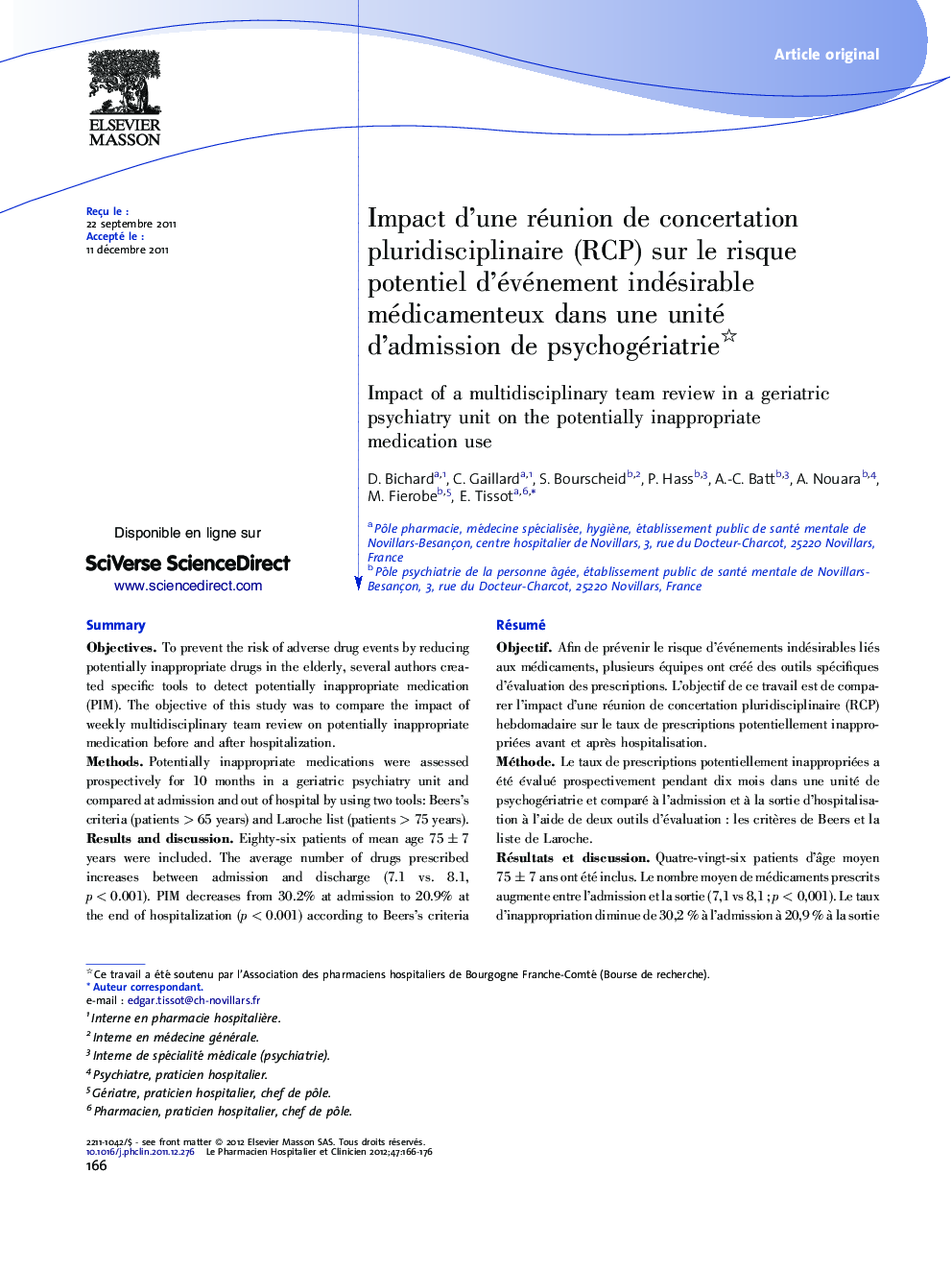 Impact d'une réunion de concertation pluridisciplinaire (RCP) sur le risque potentiel d'événement indésirable médicamenteux dans une unité d'admission de psychogériatrie