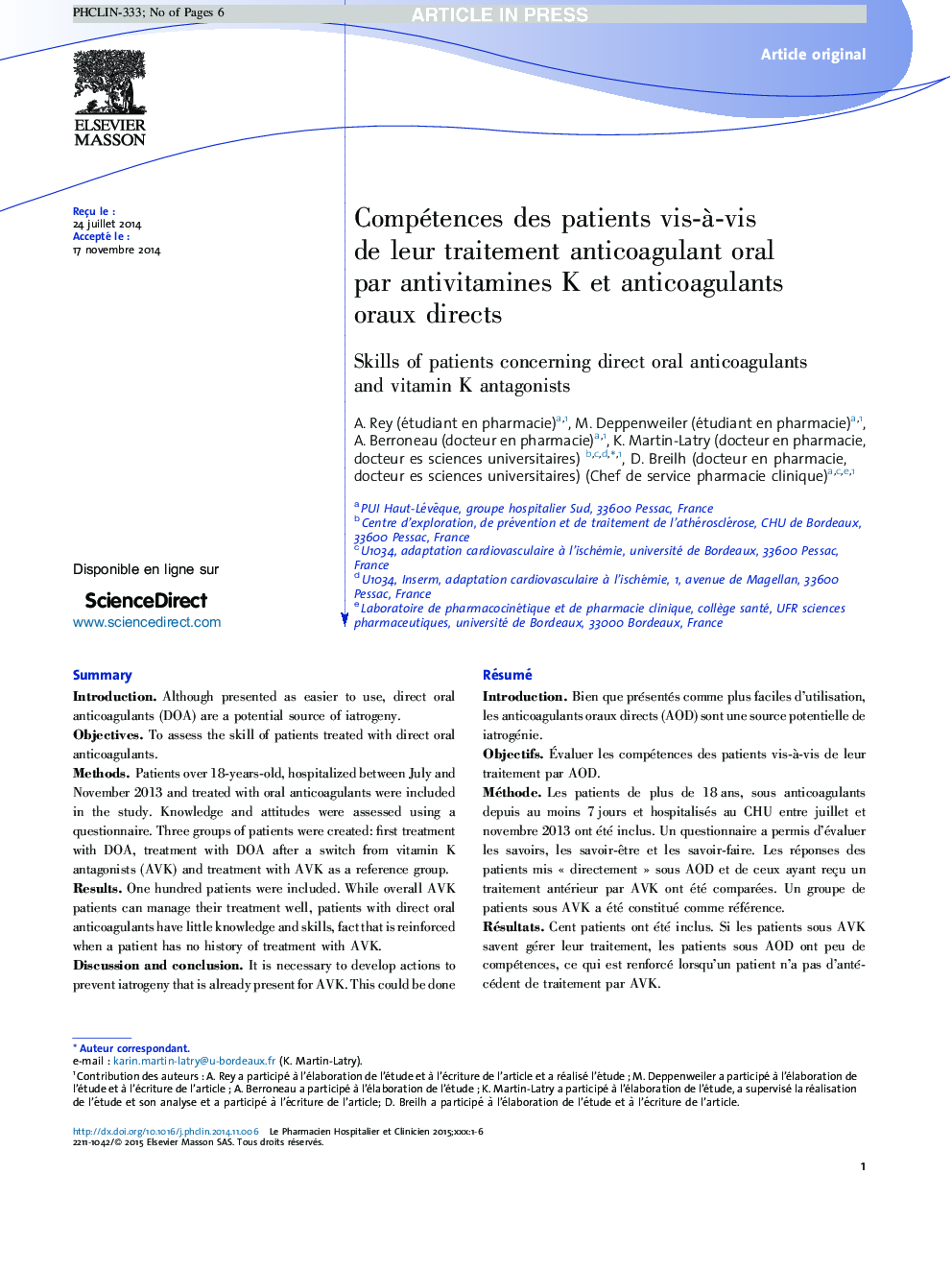 Compétences des patients vis-Ã -vis de leur traitement anticoagulant oral par antivitamines K et anticoagulants oraux directs