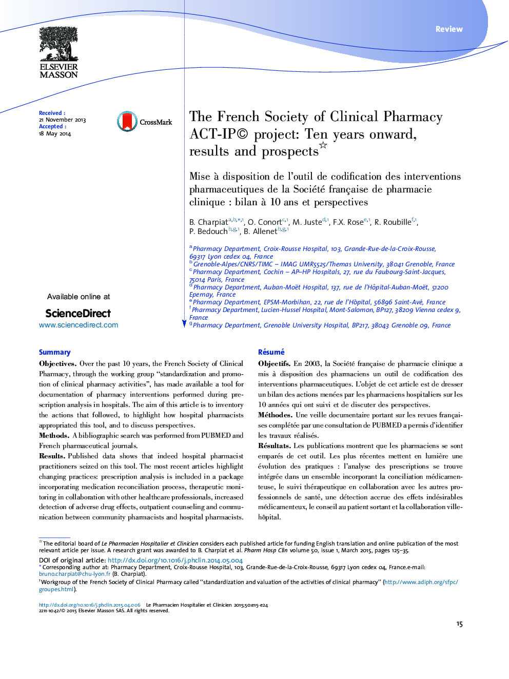 The French Society of Clinical Pharmacy ACT-IP© project: Ten years onward, results and prospects