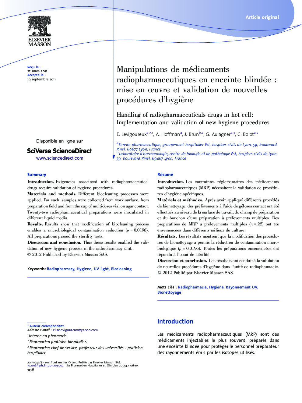 Manipulations de médicaments radiopharmaceutiques en enceinte blindéeÂ : mise en Åuvre et validation de nouvelles procédures d'hygiÃ¨ne