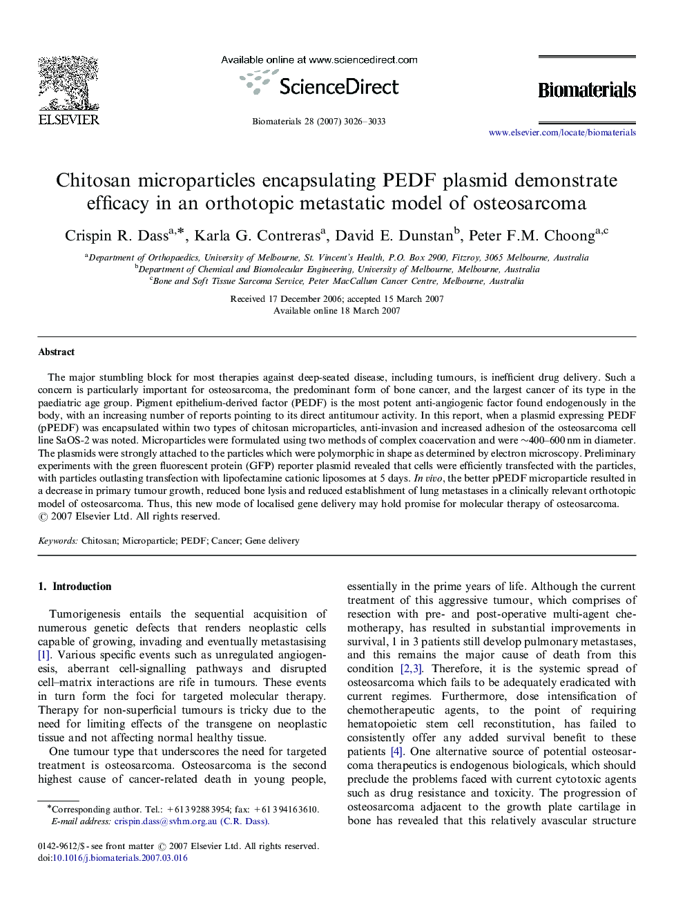 Chitosan microparticles encapsulating PEDF plasmid demonstrate efficacy in an orthotopic metastatic model of osteosarcoma