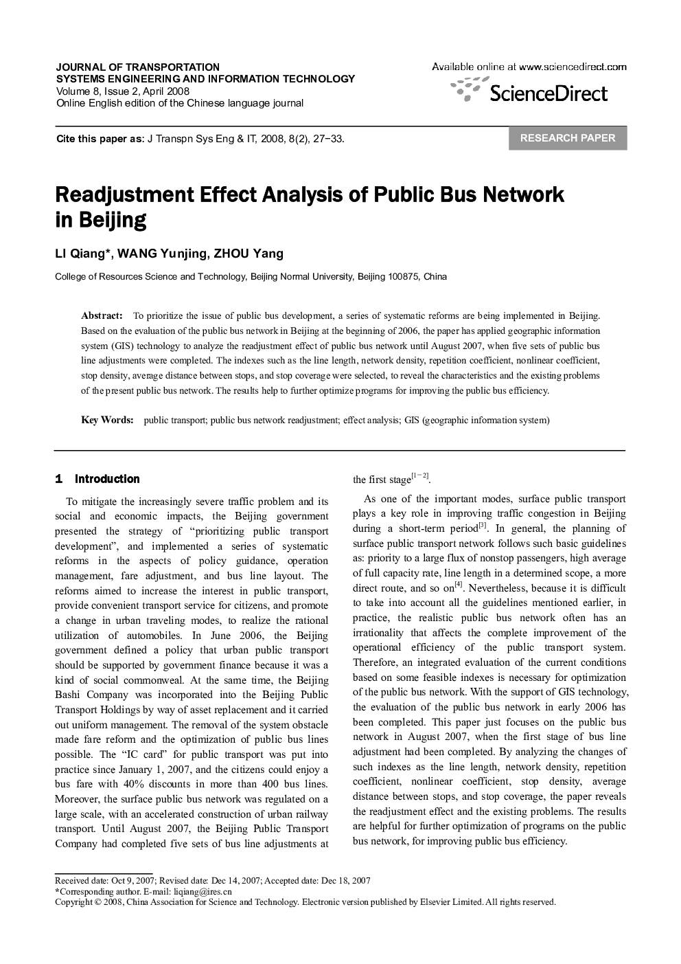 Readjustment Effect Analysis of Public Bus Network in Beijing