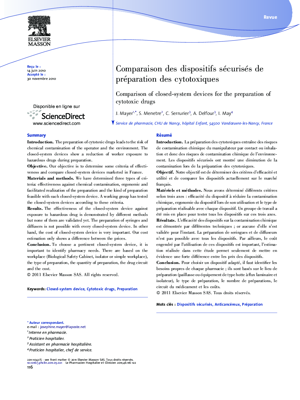 Comparaison des dispositifs sécurisés de préparation des cytotoxiques