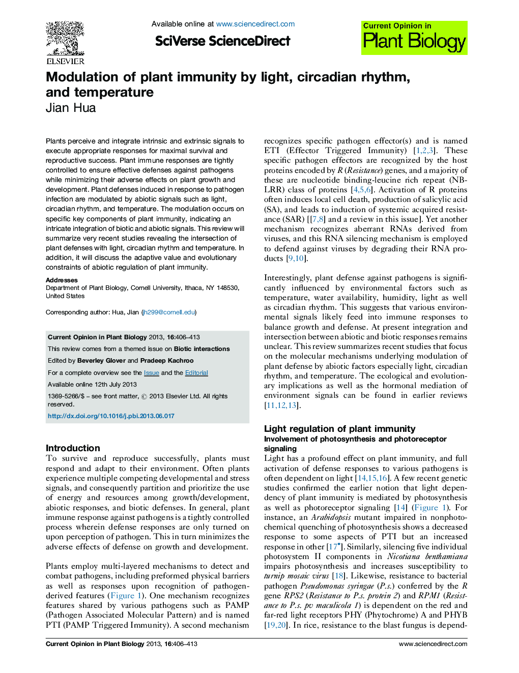 Modulation of plant immunity by light, circadian rhythm, and temperature