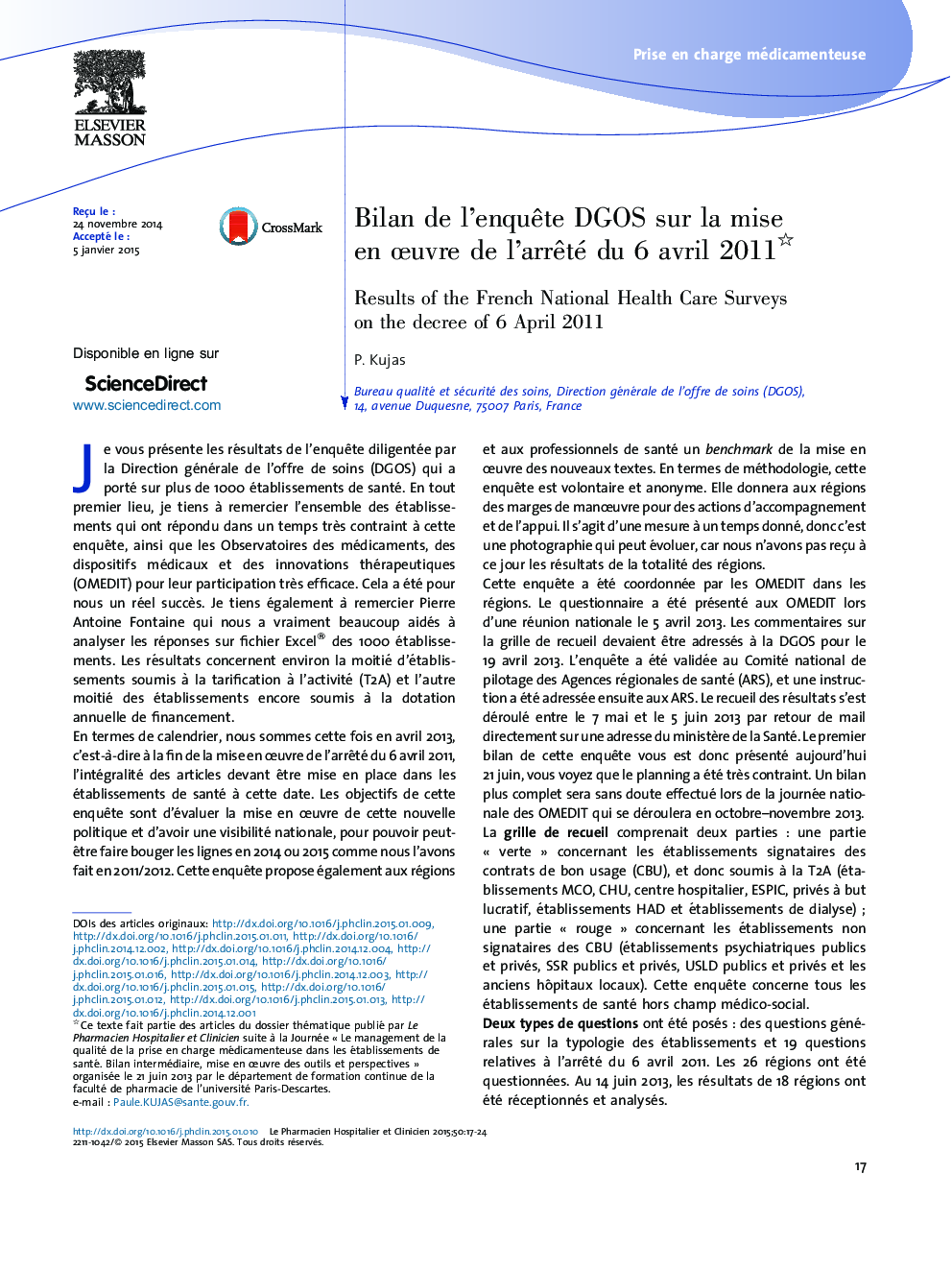 عکس صفحه اول مقاله: Bilan de l'enquête DGOS sur la mise en Åuvre de l'arrêté du 6 avril 2011 Bilan de l'enquête DGOS sur la mise en Åuvre de l'arrêté du 6 avril 2011