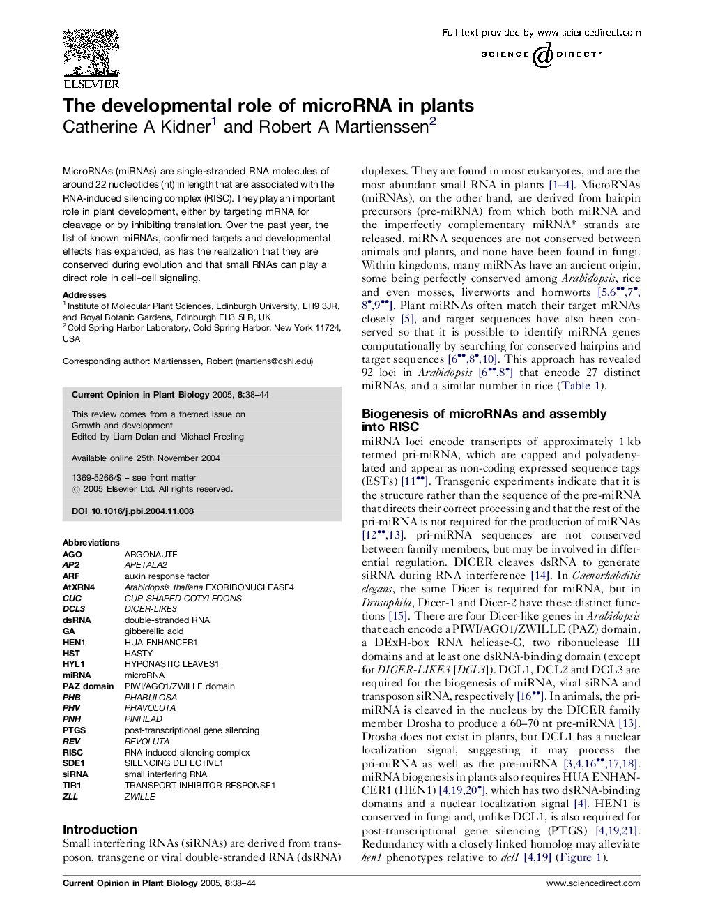 The developmental role of microRNA in plants