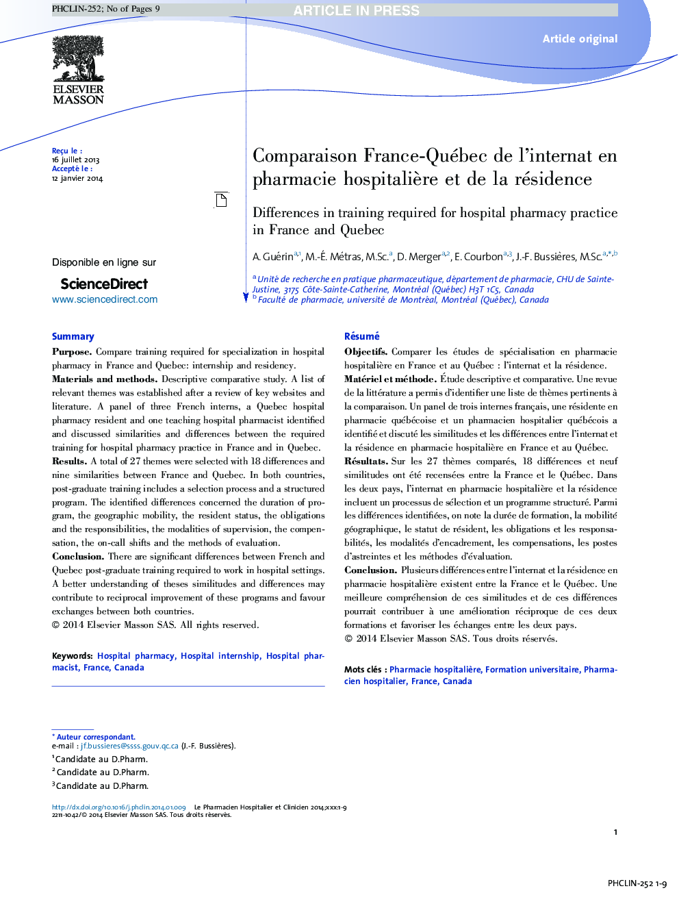 Comparaison France-Québec de l'internat en pharmacie hospitaliÃ¨re et de la résidence