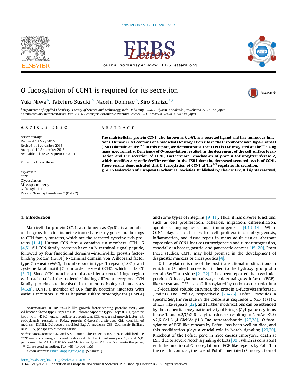 O-fucosylation of CCN1 is required for its secretion