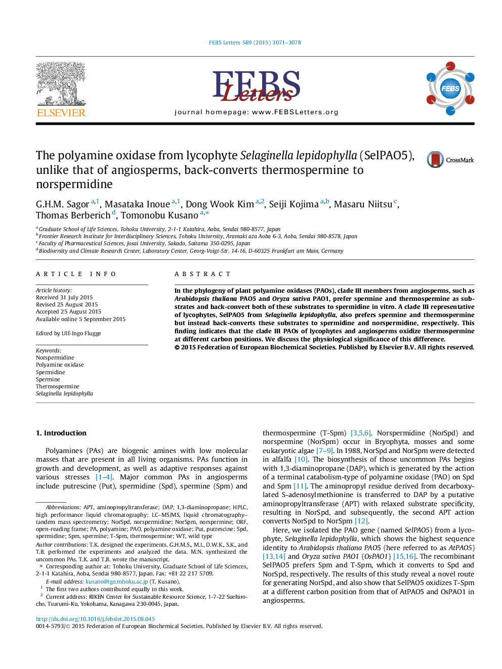 The polyamine oxidase from lycophyte Selaginella lepidophylla (SelPAO5), unlike that of angiosperms, back-converts thermospermine to norspermidine