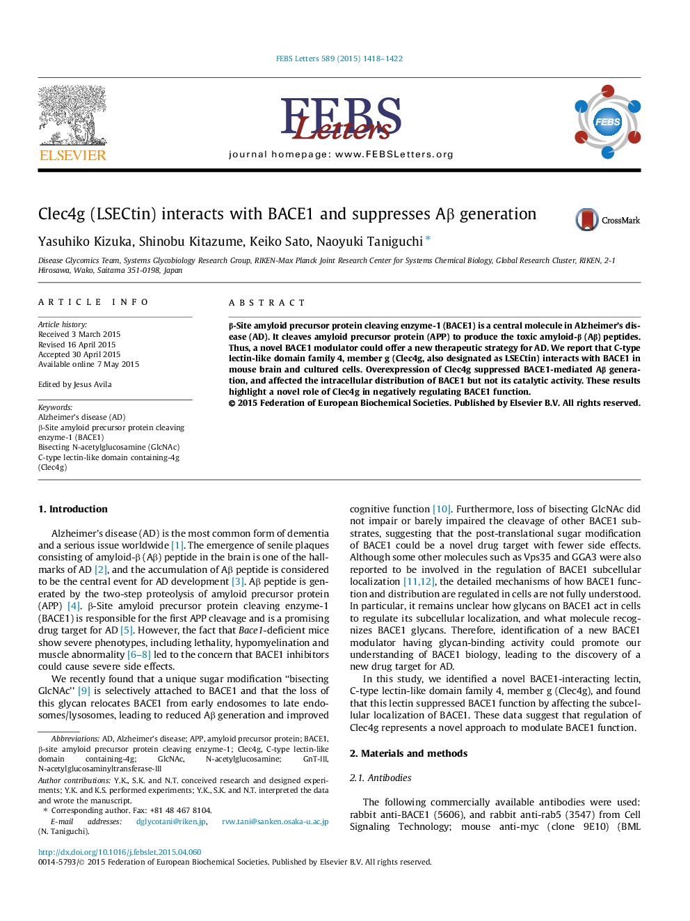 Clec4g (LSECtin) interacts with BACE1 and suppresses AÎ² generation