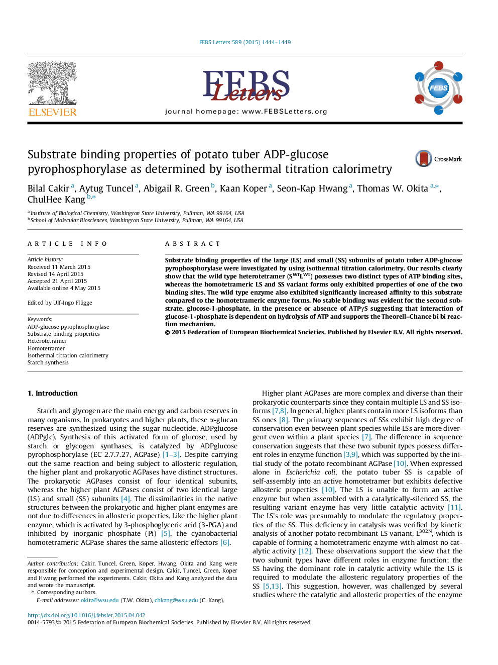 Substrate binding properties of potato tuber ADP-glucose pyrophosphorylase as determined by isothermal titration calorimetry