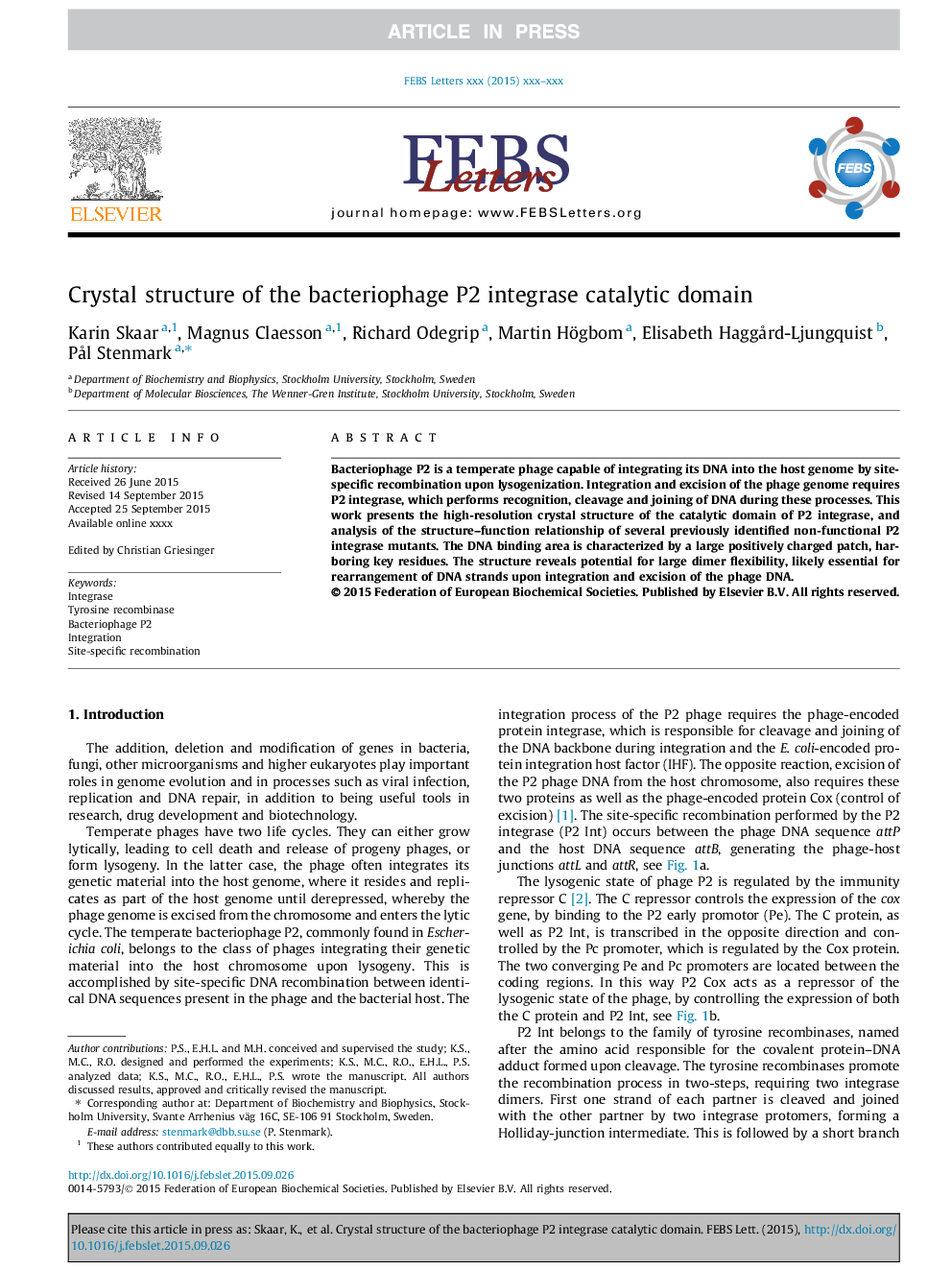 Crystal structure of the bacteriophage P2 integrase catalytic domain