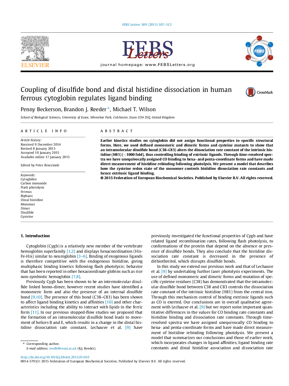 پیوند دی سولفید و تفکیک هیستیدین دیستال در سیتوگوگلوبین آلفا انسان، اتصال لیگاند را تنظیم می کند 