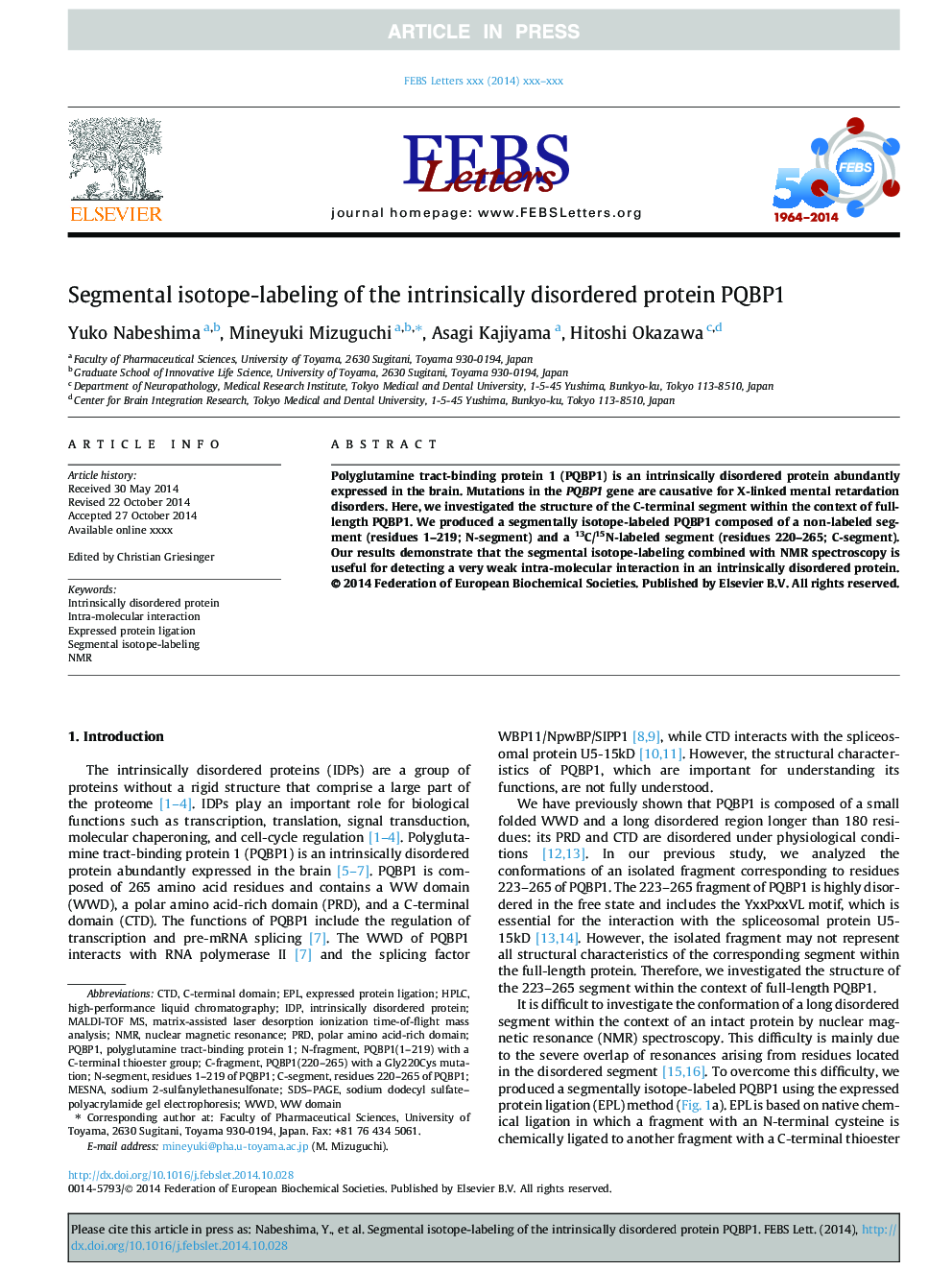 Segmental isotope-labeling of the intrinsically disordered protein PQBP1