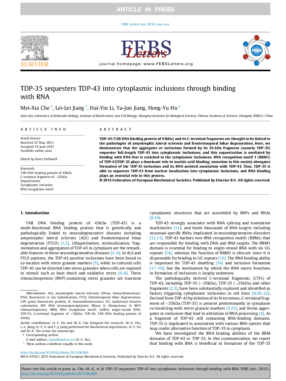 TDP-35 sequesters TDP-43 into cytoplasmic inclusions through binding with RNA