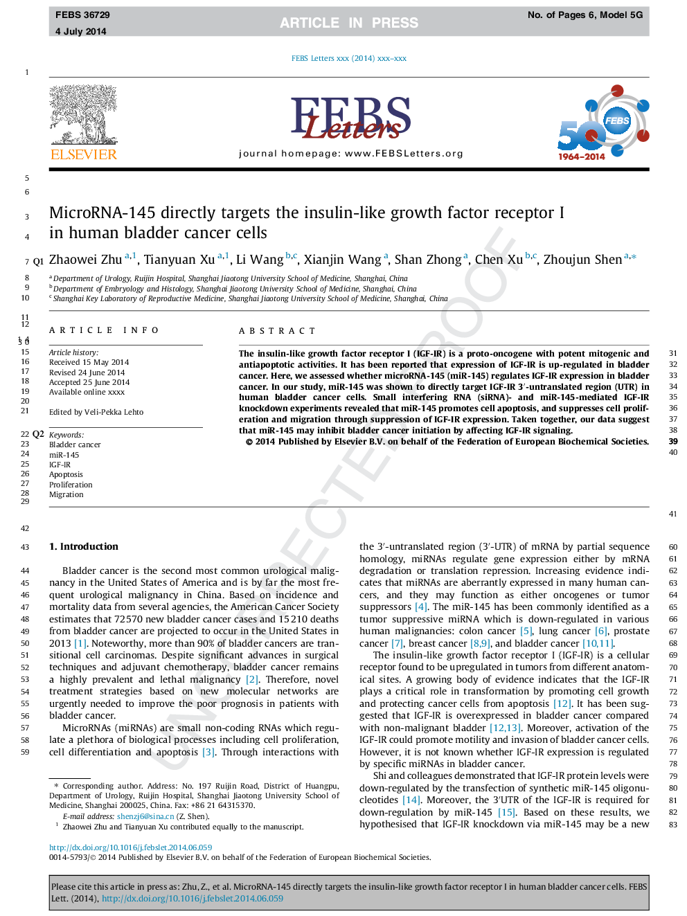 MicroRNA-145 directly targets the insulin-like growth factor receptor I in human bladder cancer cells