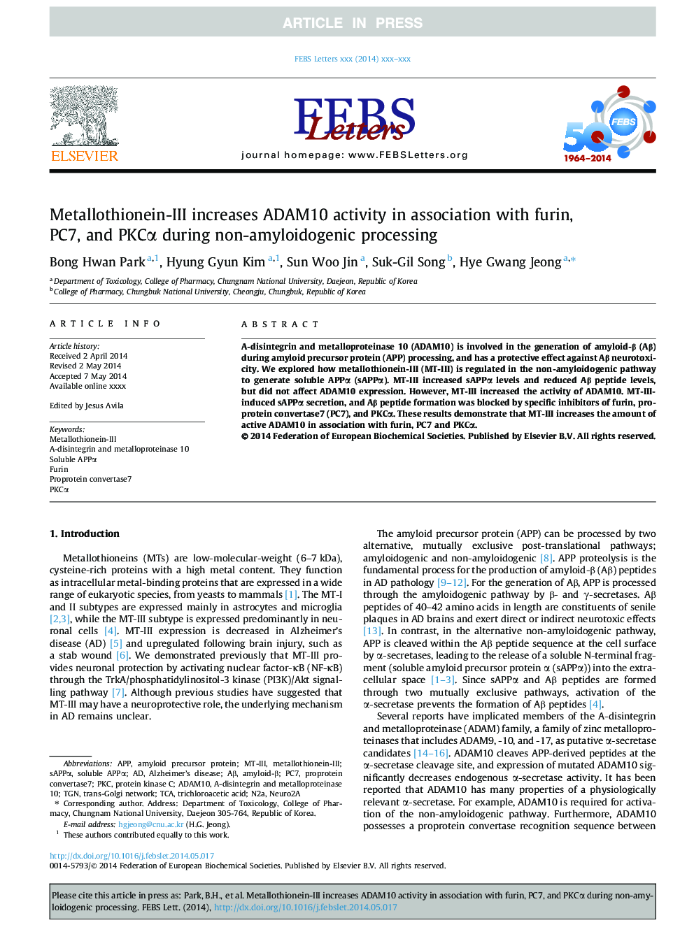 Metallothionein-III increases ADAM10 activity in association with furin, PC7, and PKCÎ± during non-amyloidogenic processing