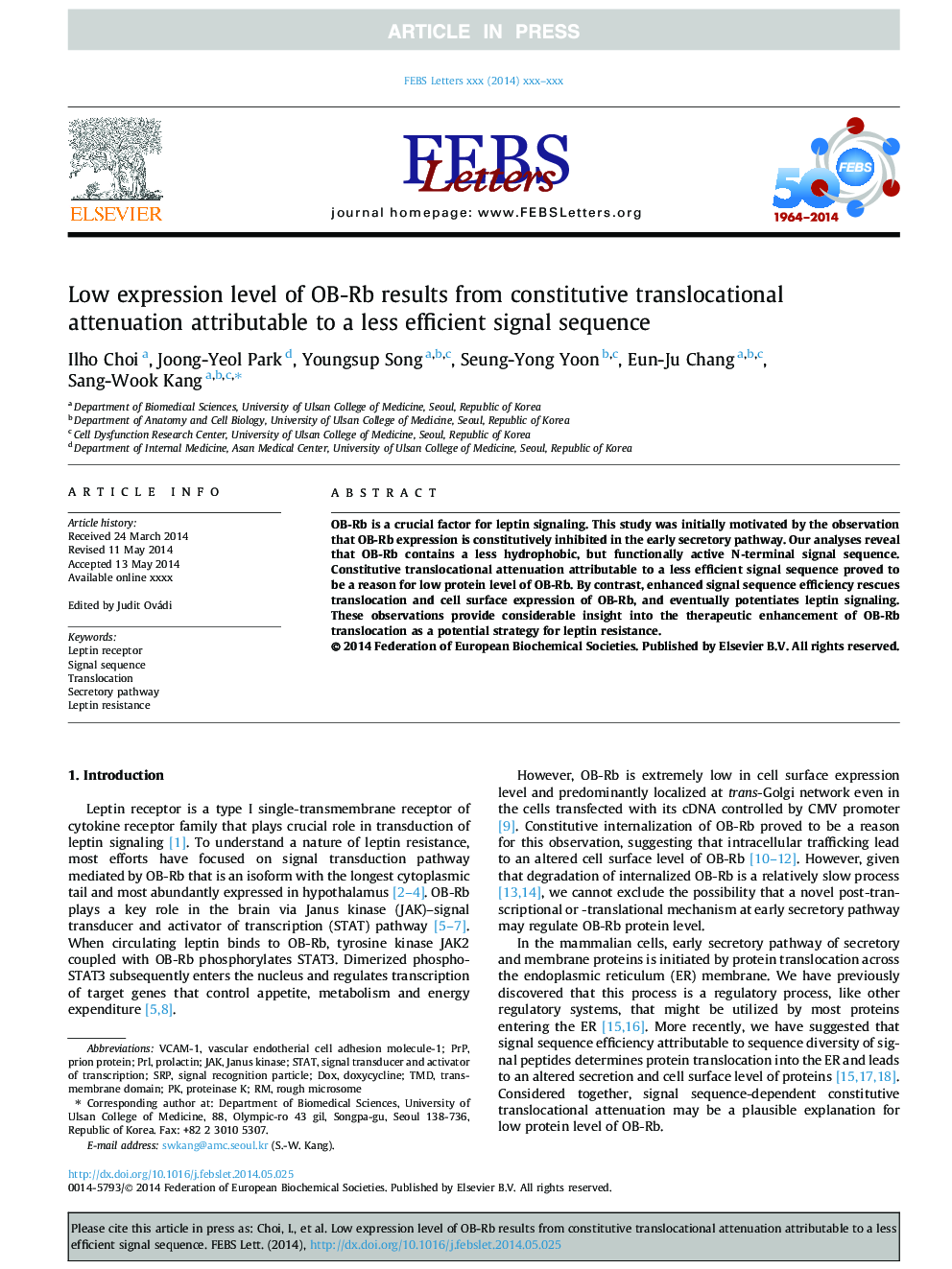 Low expression level of OB-Rb results from constitutive translocational attenuation attributable to a less efficient signal sequence