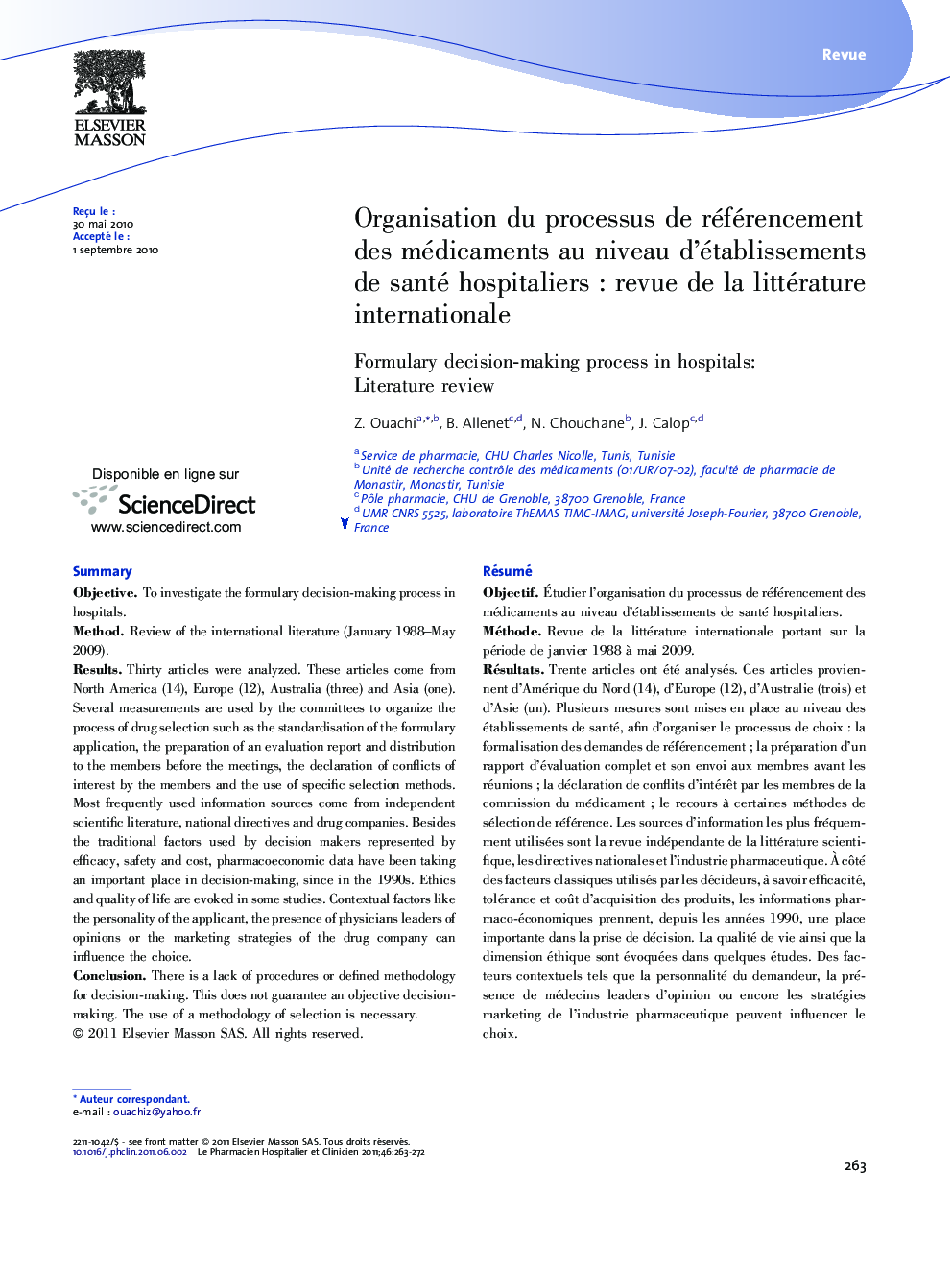 Organisation du processus de référencement des médicaments au niveau d'établissements de santé hospitaliersÂ : revue de la littérature internationale