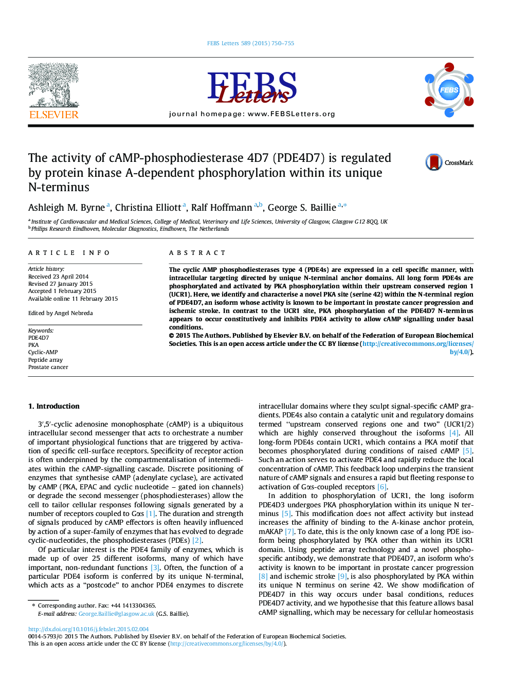 The activity of cAMP-phosphodiesterase 4D7 (PDE4D7) is regulated by protein kinase A-dependent phosphorylation within its unique N-terminus