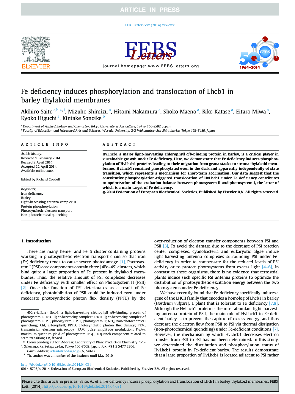 Fe deficiency induces phosphorylation and translocation of Lhcb1 in barley thylakoid membranes