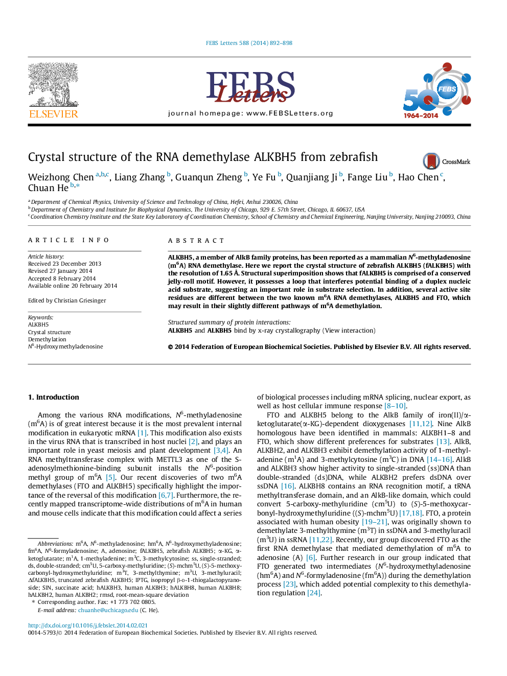 Crystal structure of the RNA demethylase ALKBH5 from zebrafish