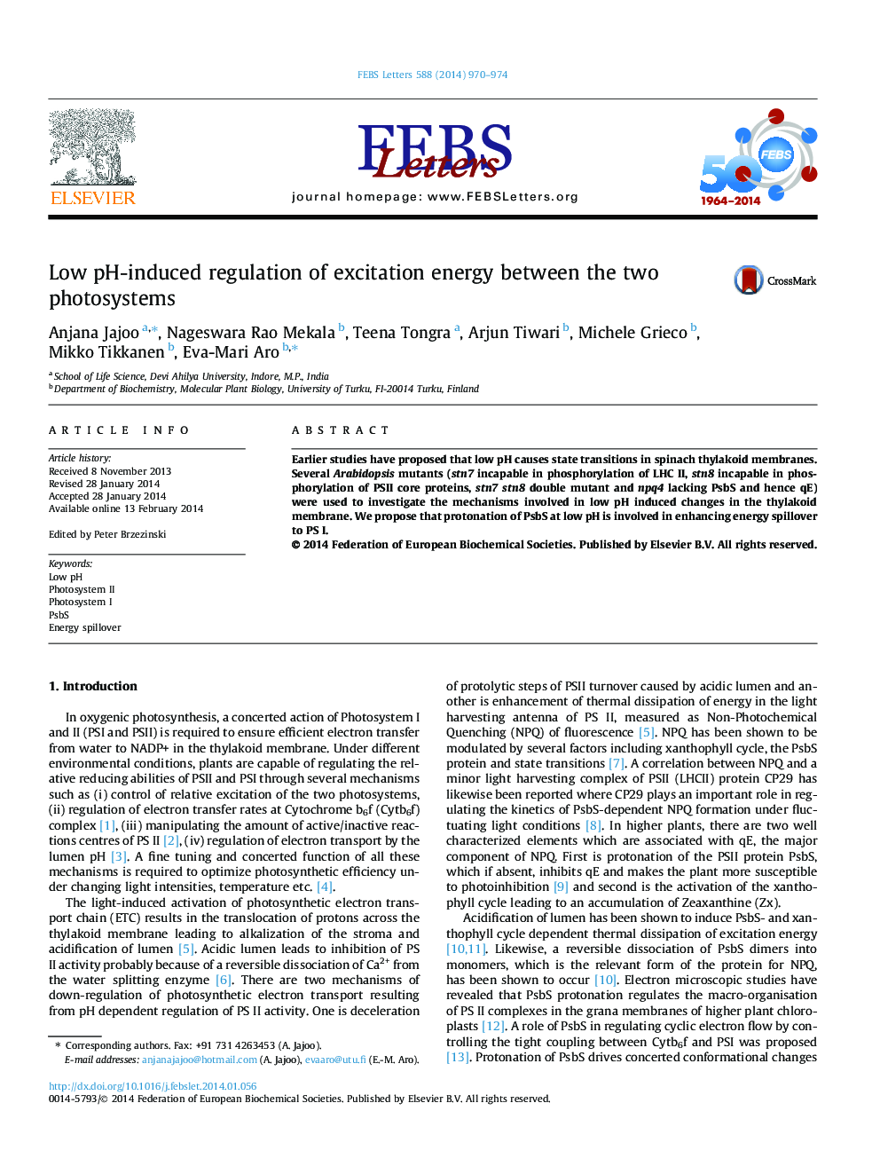 عکس صفحه اول مقاله: Low pH-induced regulation of excitation energy between the two photosystems Low pH-induced regulation of excitation energy between the two photosystems