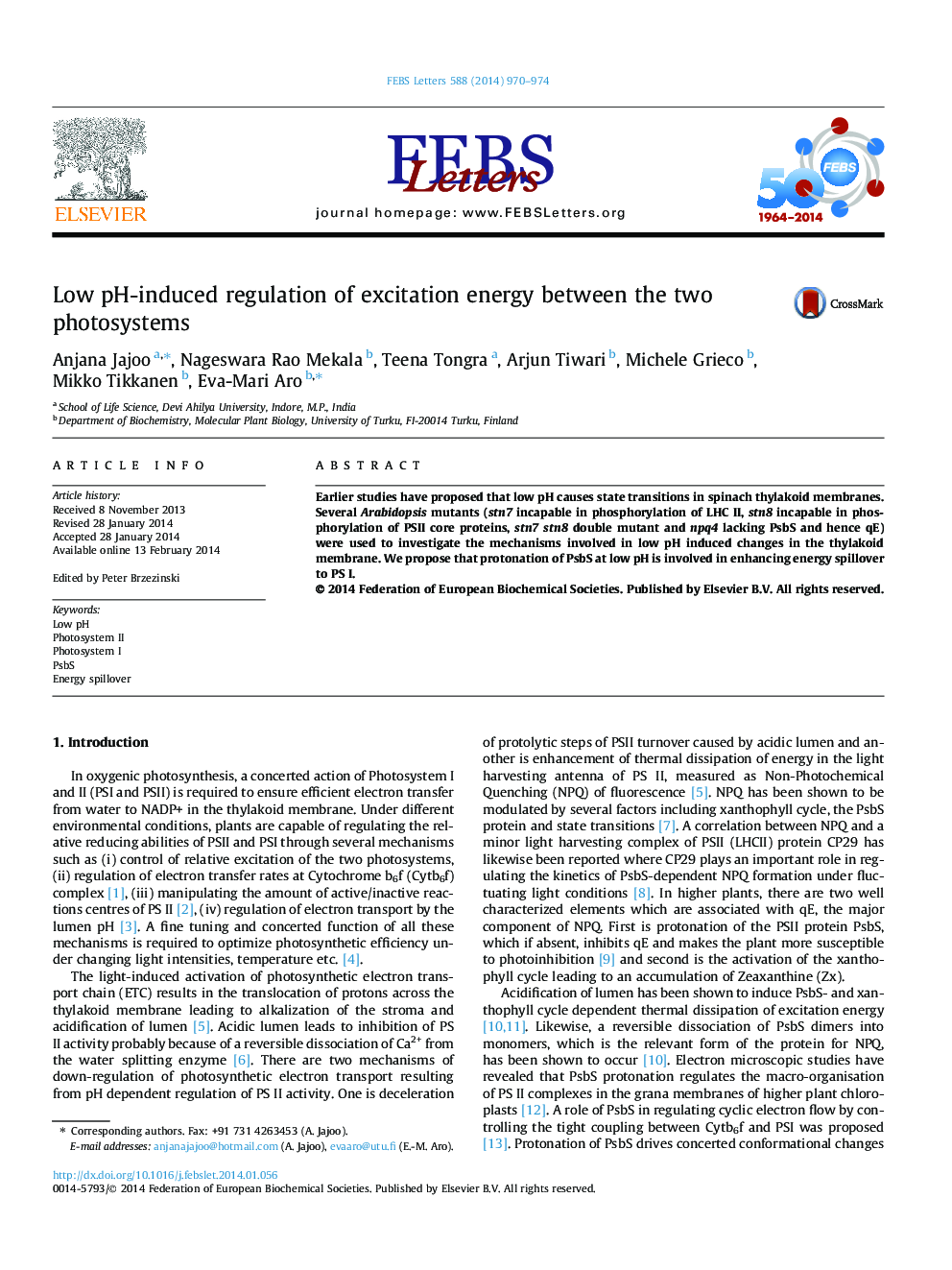 Low pH-induced regulation of excitation energy between the two photosystems