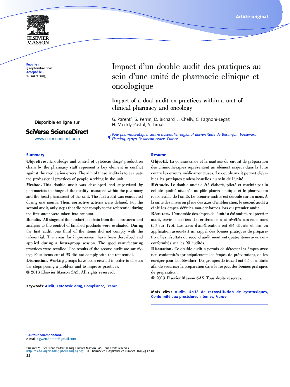 Impact d'un double audit des pratiques au sein d'une unité de pharmacie clinique et oncologique