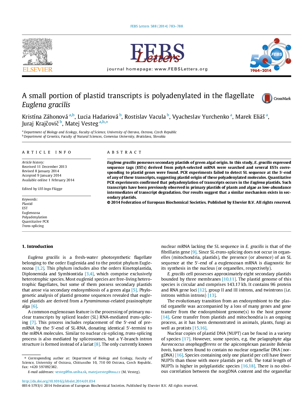 A small portion of plastid transcripts is polyadenylated in the flagellate Euglena gracilis