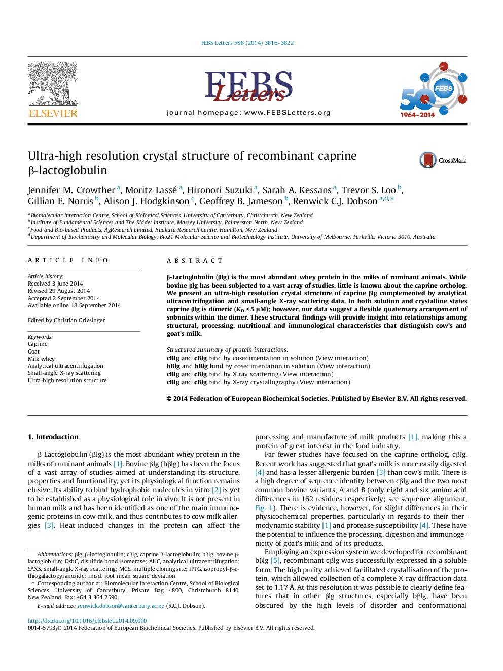 Ultra-high resolution crystal structure of recombinant caprine Î²-lactoglobulin