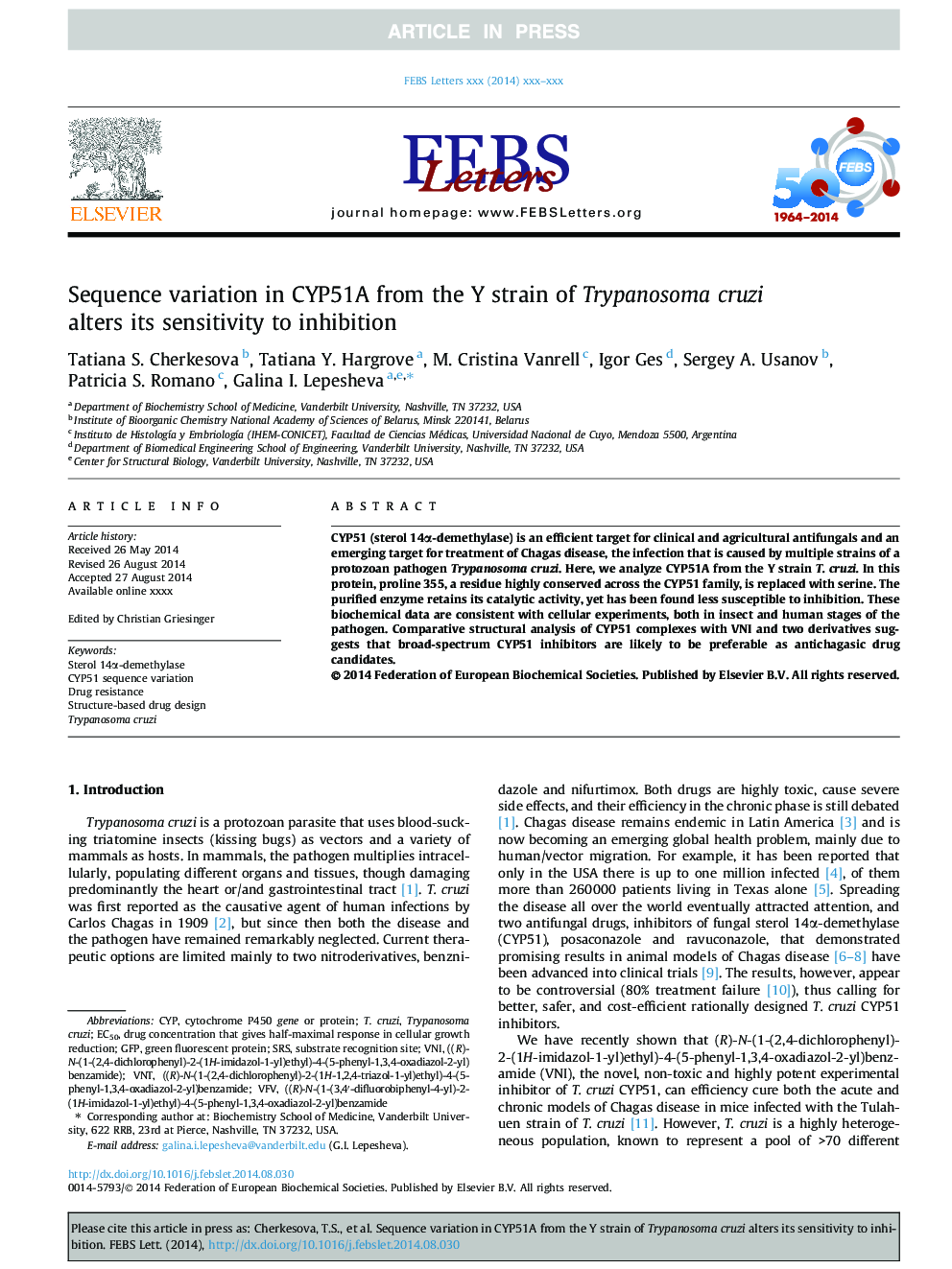 Sequence variation in CYP51A from the Y strain of Trypanosoma cruzi alters its sensitivity to inhibition