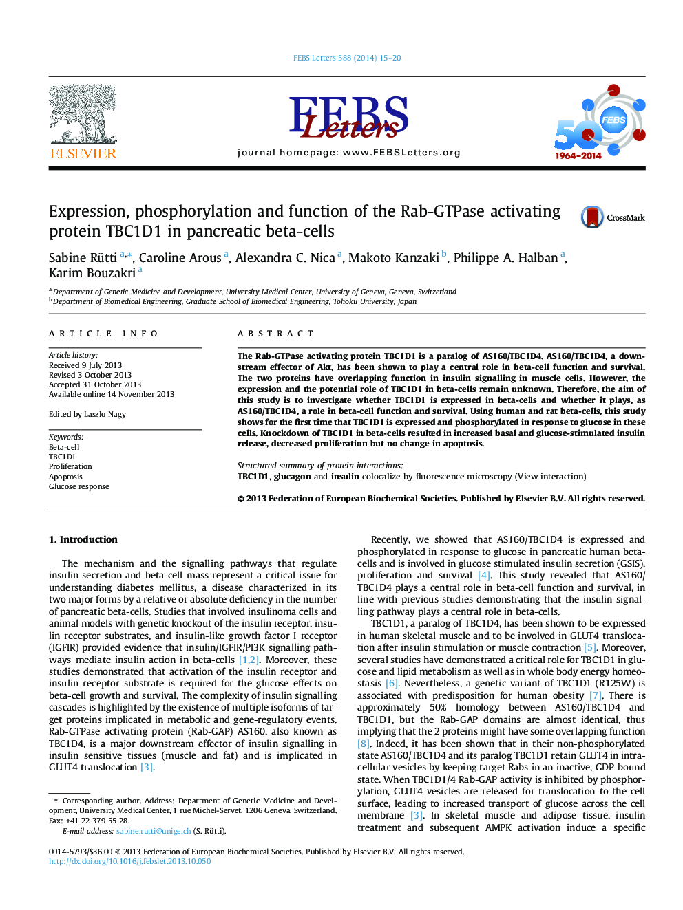 Expression, phosphorylation and function of the Rab-GTPase activating protein TBC1D1 in pancreatic beta-cells